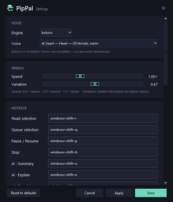 Settings · Voice + Speech